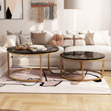 WiberWi Round Coffee Table Nesting Tables Set of 2, Large : Ø 34.0", Small : Ø 26.0", Modern Design Coffee Tables for Living Room, Gold Metal Frame Circle Cocktail Table, High Glossy Faux Black Marble WiberWi
