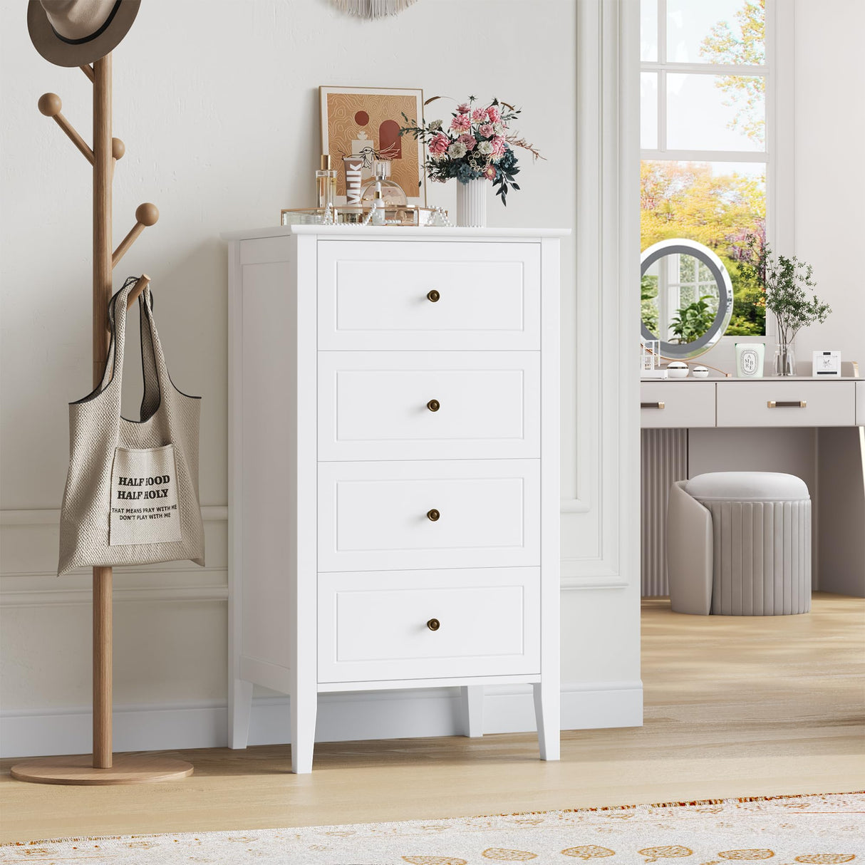 TTVIEW 4 Drawer Dresser, White Dresser Antique Chest of Drawers with Solid Frame, Tall Wood Storage Chest Cabinet for Living Room, Bathroom, Entryway, White TTVIEW