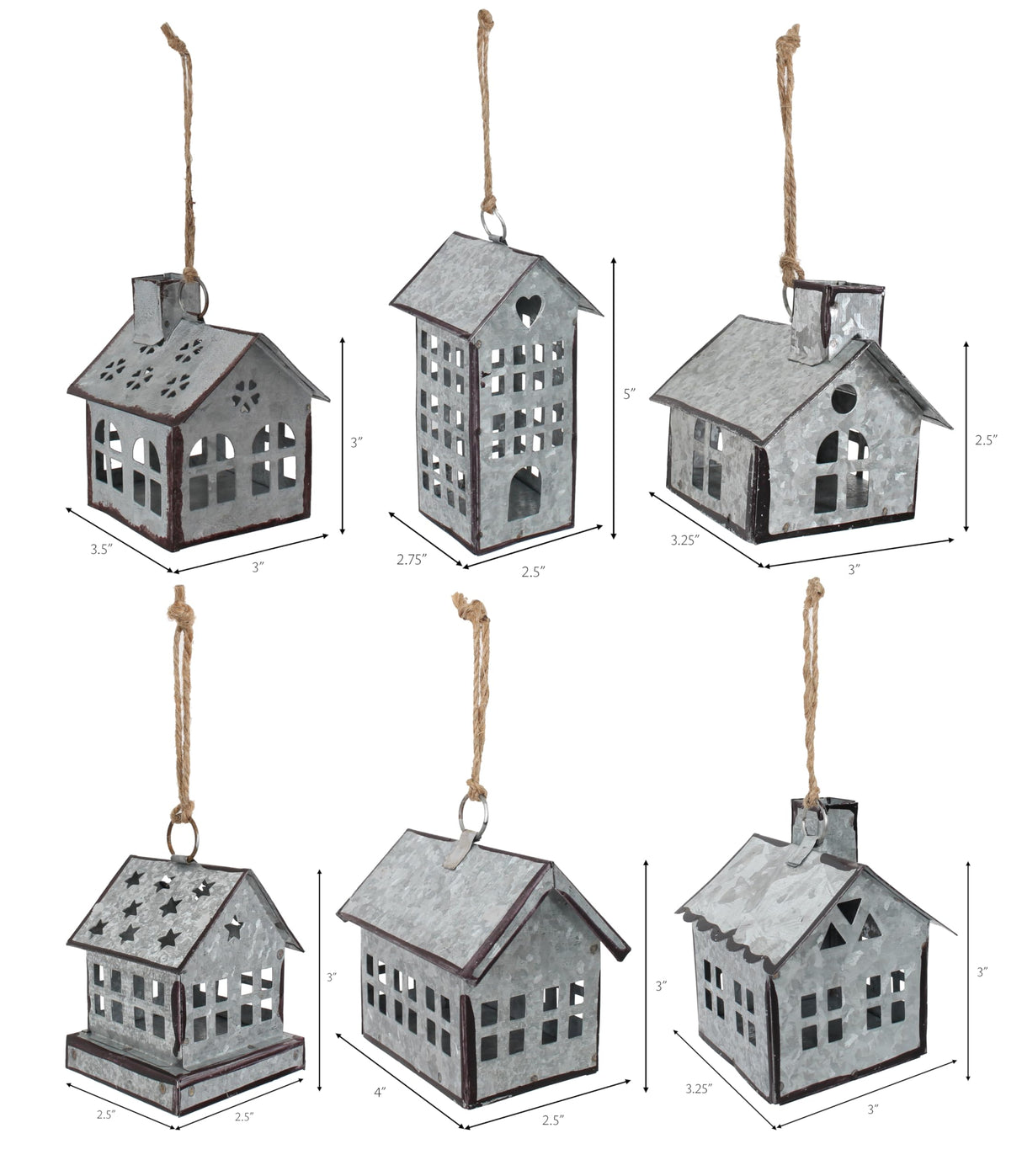 Sweet Summer Living Set of 6 Pieces Assorted Christmas Ornament, Village Houses, Farmhouse Decor, Tin Houses Galvanized Sweet Summer Living