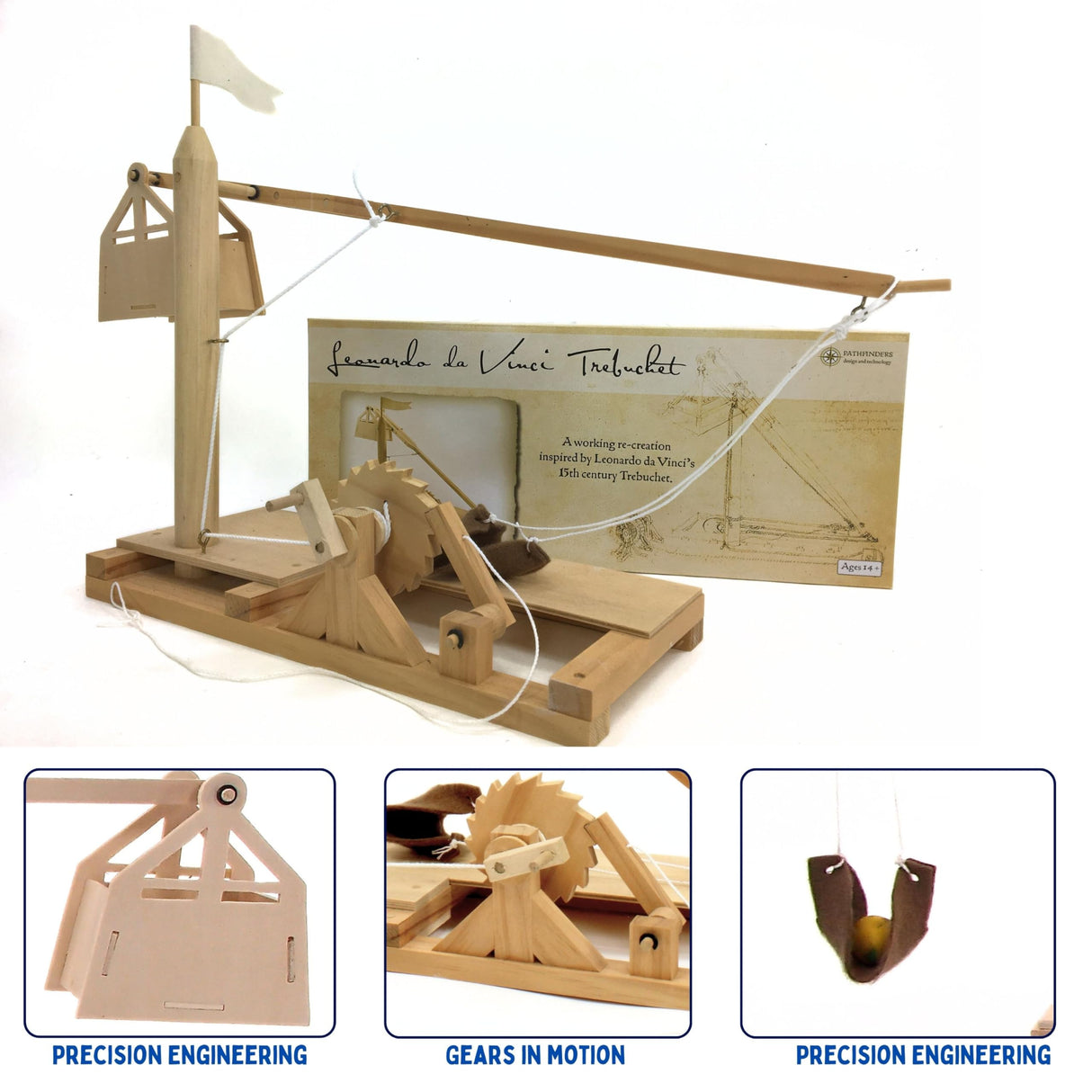Pathfinders Stem Kits- Leonardo Da Vinci Trebuchet kit- Stem Toy Catapult kit dyi Wooden Building Toy Engineering kit- 3D Puzzle DIY- Physics Toy Science Kits for Kids Age 12-14 Pathfinders