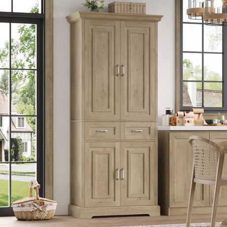 FACBOTALL Kitchen Pantry Storage Cabinet, 71" Tall Storage Cabinet with 4 Doors and 2 Drawers, Utility Kitchen Pantry with Adjustable Shelves for Dining Room Living Room,Light Oak FACBOTALL