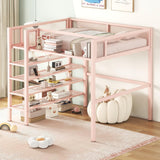 Bellemave Full Size Loft Bed with 4-Tier Shelves and Storage, Metal Loft Bed with Bookshelf, Full Size Loft Bed with Storage Stairs (Pink) Bellemave