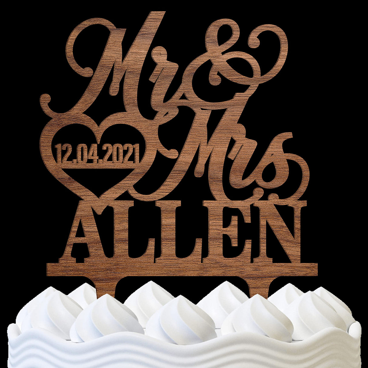 Personalized Wedding Cake Topper - Wedding Cake Decoration, Elegant Customized Mr Mrs Wedding Cake Topper, Last Name & Date w/Heart - Wood Colors PersonalizedGiftLand