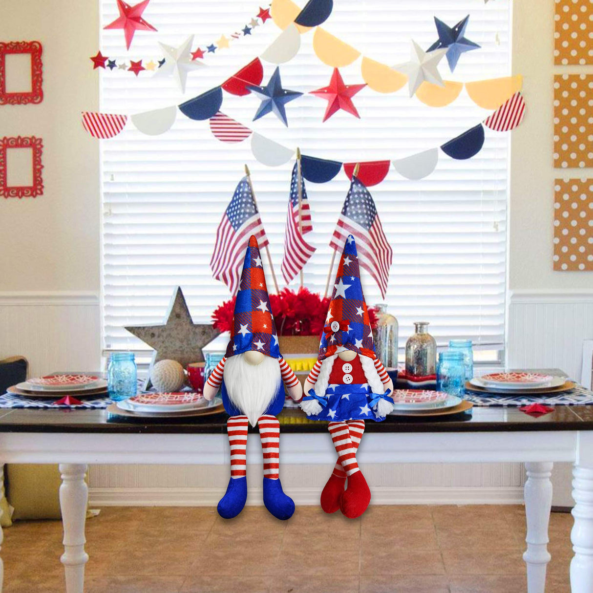 2Pcs 4th of July Patriotic Gnomes Plush Decorations - Mr & Mrs Handmade Swedish Tomte Gnomes Ornaments for Patriotic Party Table Decor- Fourth of July Party Home Mantle Fireplace Decor Partyprops