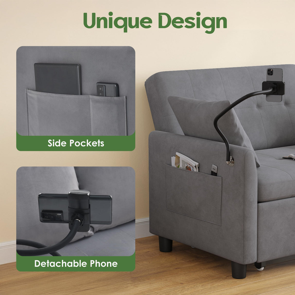 AYEASY Sleeper Sofa Bed, 3 in 1 Convertible Sleeper Couch Bed Pull Out, Small Loveseat Sofa, Futon Sofa Bed Full Size, 46" Velvet Love Seat with Pillow and Phone Holder for Living Room, Grey AYEASY