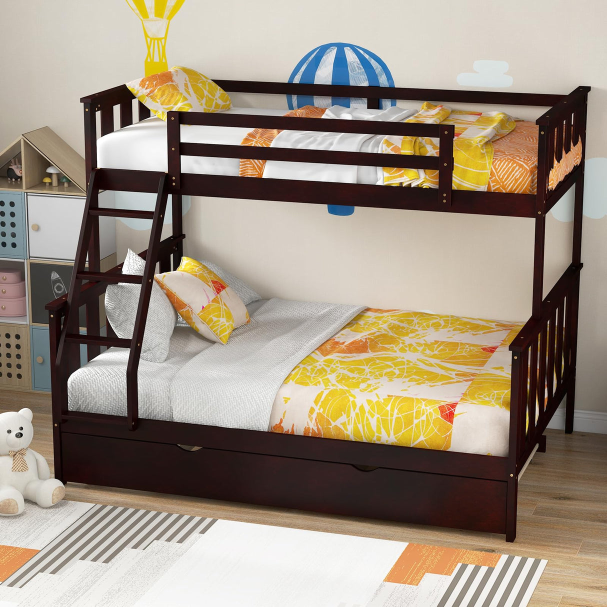 KOMFOTT Espresso Wood Twin Over Full Bunk Bed with Trundle, 250/400 lbs Capacity, Solid Pine Frame, Convertible to 2 Separate Beds, No Box Spring Needed KOMFOTT