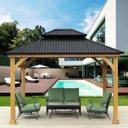 Aoodor 12 x 10 ft. Outdoor Solid Wooden Frame Gazebo with 2-Tier Hardtop Roof, for Patio Backyard Deck and Lawns - Black Canopy