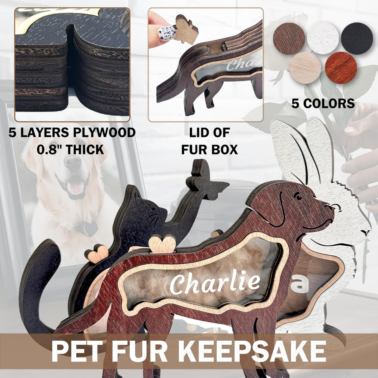 ubjva Custom Pet Fur Keepsake Box Personalized Wooden Dog Hair Memorial Shadow Box with Name Pet Loss Sympathy Gift for Dog Lover ubjva