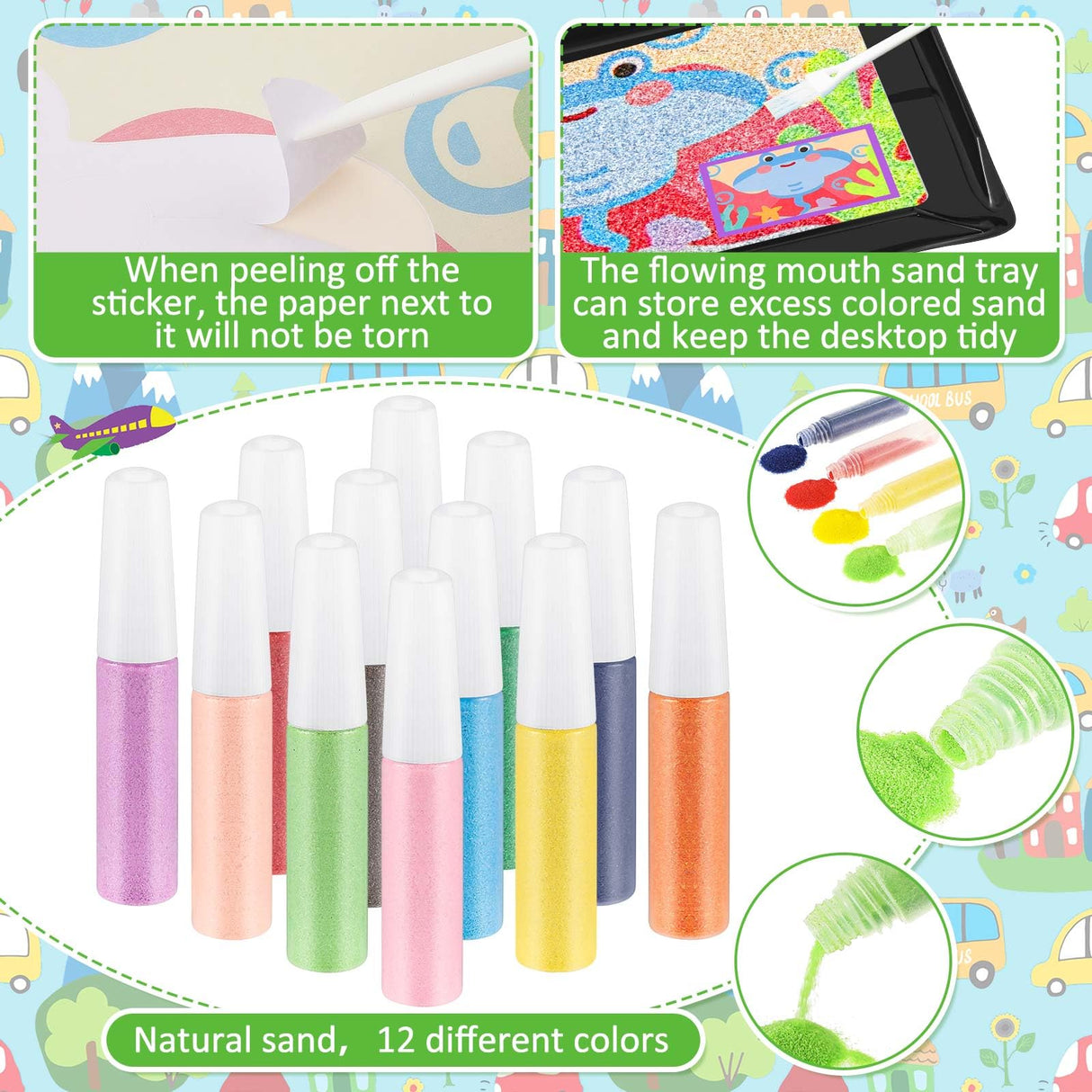Tenceur 119 Pcs Kids' Sand Art Kits Сolor Sand Art Pictures Peel and Stick 12 Color 32 Pcs Sand Painting Board 2 Sand Painting Tray 2 Brush 24 Bottles for Kids Tenceur