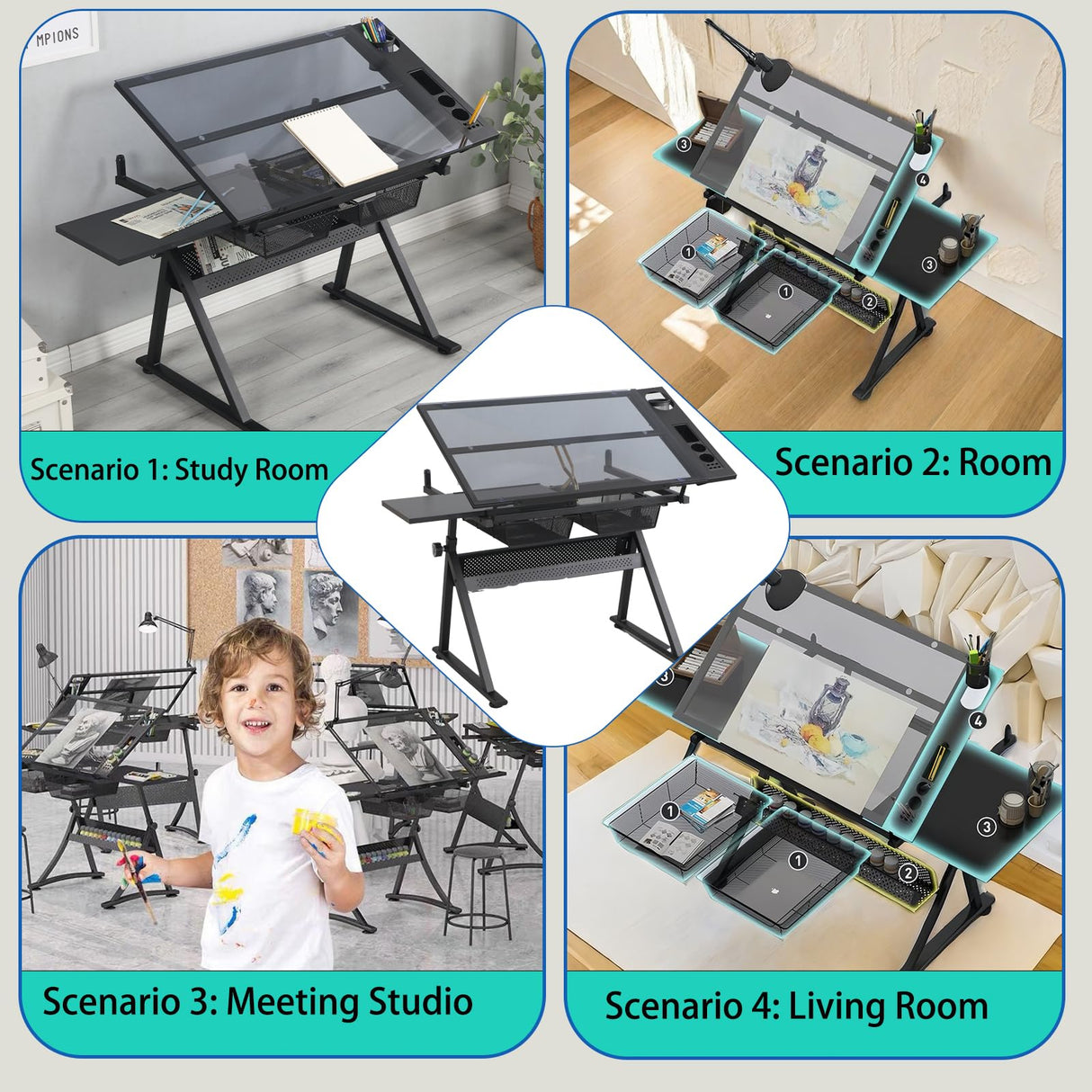 Donfafecuer Adjustable Drafting Table for Adults Professional Art Table 2 Storage Drawers Height Adjustable Home Office Reading Painting Tempered Glass Top Modern Black Design Doeqkue