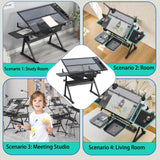 Donfafecuer Adjustable Drafting Table for Adults Professional Art Table 2 Storage Drawers Height Adjustable Home Office Reading Painting Tempered Glass Top Modern Black Design Doeqkue