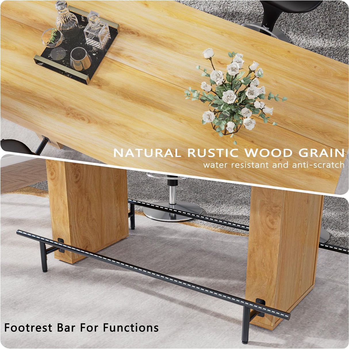 FUXJUM 63 Inch Wide Bar Table with Footrest Counter Height Pub DiningTable for 4-6 People Farmhouse Bar Unit for Home Kitch,Dining Room FUXJUM