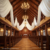 PartyVillage 10ftx40ft White Ceiling Curtain for Wedding Parties – 2 Panels Wrinkle-Free 40 FT Long Tent Draping Curtains for Wedding, Birthday & Theme Parties, 40ft Height with Rod Pocket Party Village