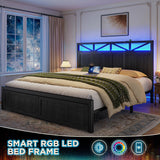 Homkdom Farmhouse Full Size Bed Frame with 2 Storage and LED Lights, Full Bed Frame with Headboard Built in Charging Station,Easy Assembly, No Box Spring Needed, Black Homkdom