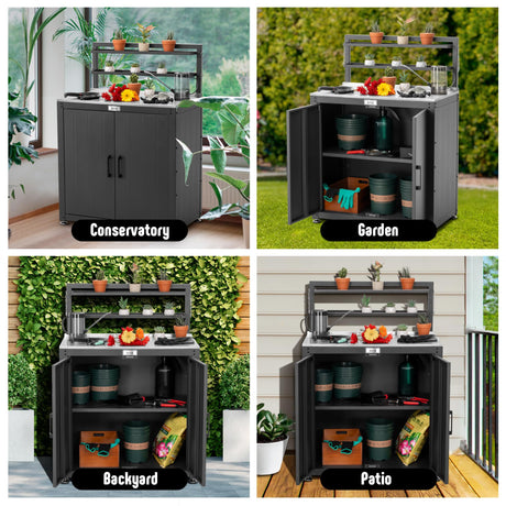 Garden Potting Bench with Storage Cabinet,Outdoor Gardening Table & Work Bench for Plants, Horticulture,Outdoor Workstation with Stainless Steel Tabletop,Outdoor Work Table with Elevated Rack Feasto