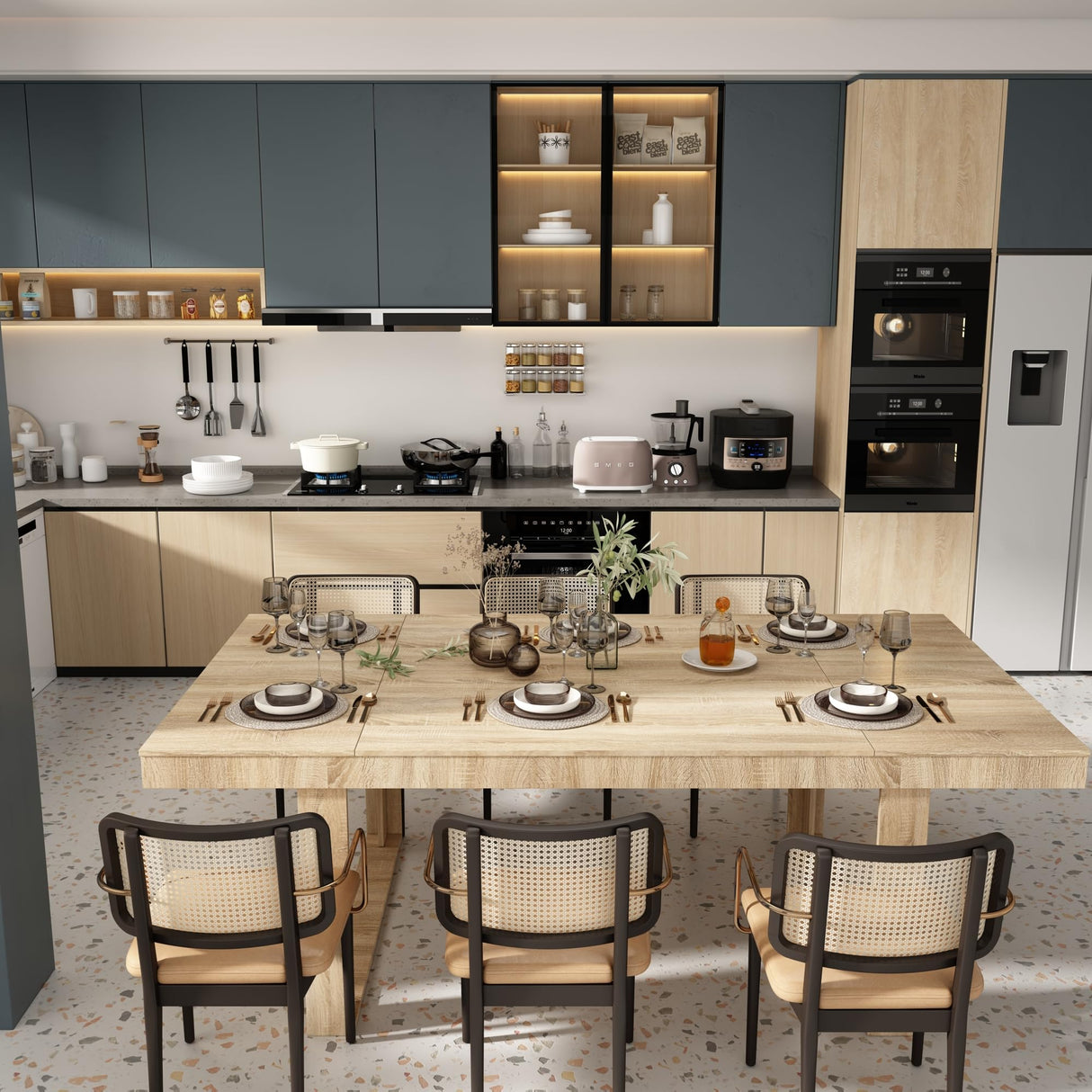 WOODTIME 86.6" W Dining Table for 8-10 People, Versatile Modern Wooden Dinner Table Kitchen Table for Dining Room Conference Room, Light Brown WOODTIME