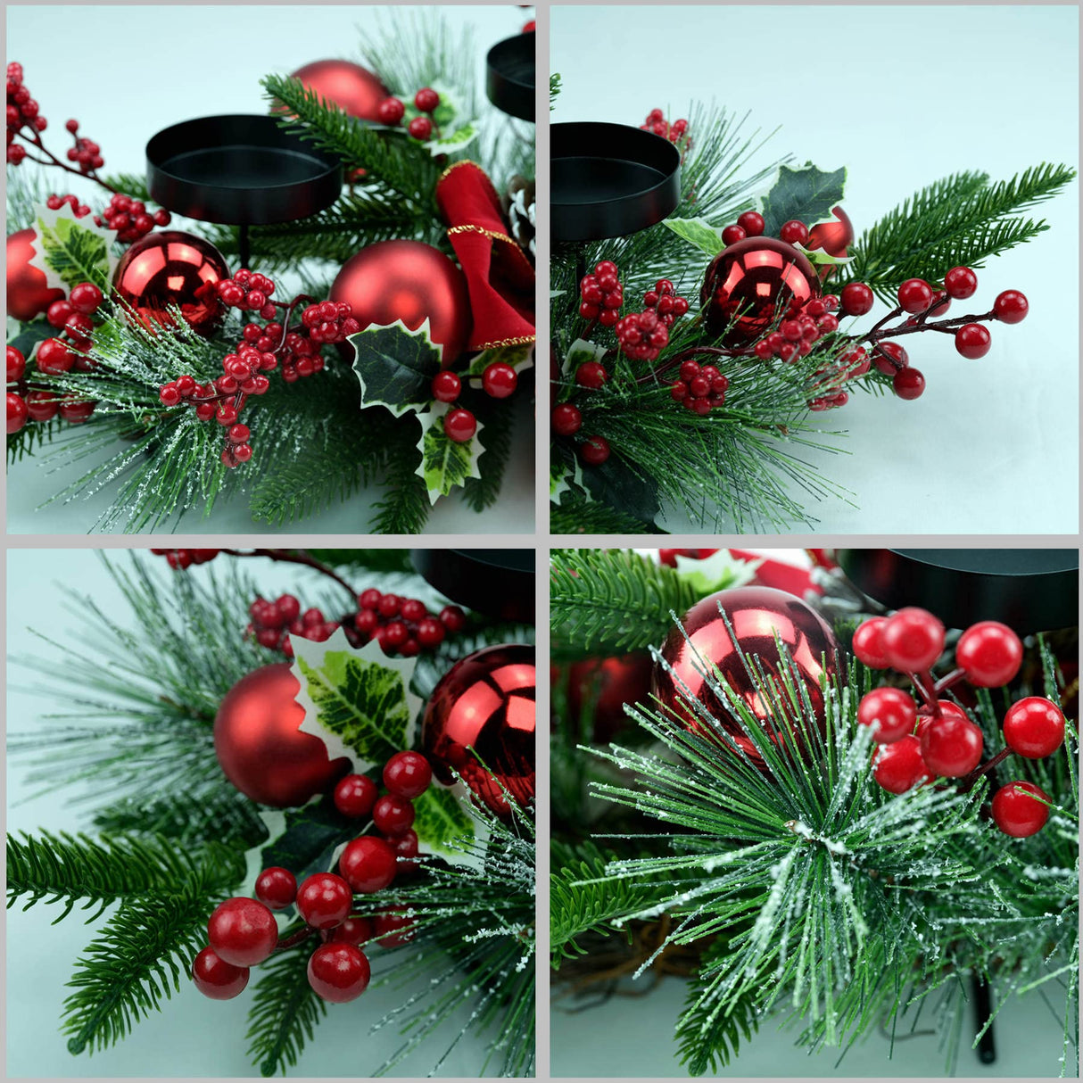 YULETIME 28" Christmas Triple Candelabrum, Holiday Candle Holder with Three Trays, Red Bowknot & Baubles, Natural Pine Cones, Red Berries, Green Leaves Holly, Spruce Branches, Pine Needles YULETIME