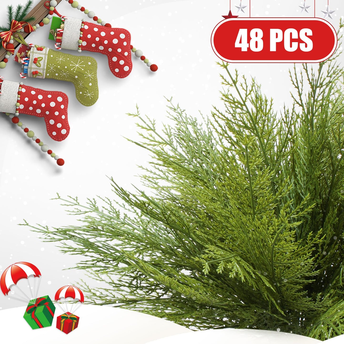 48 PCS Artificial Pine Branches, Christmas Greenery Stems Faux Cedar Branches, Christmas Tree Filler Branches Christmas Picks and Sprays, DIY Accessories for Garland Wreath Home Garden Christmas Decor