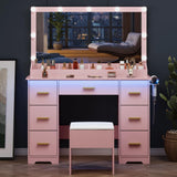 METOTI Vanity Desk with 38" Large Mirror and 9 LED Lights & Glass Top and Power Outlet, Adults Makeup Vanity with Chair and 7 Storage Drawers, Dressing Table Set for Bedroom, Modern Pink METOTI