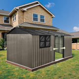 12x10 Ft Storage Shed Outdoor, XL Permanent Steel Building with Window, Sliding Doors and 4 Air Vents for Backyard Garden Patio Lawn - Brown LINKHOO