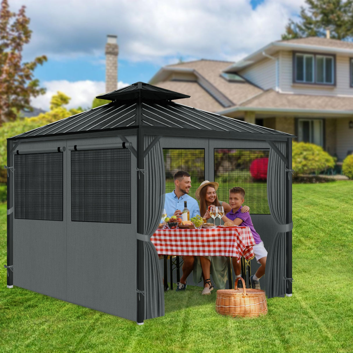 aonear Gazebo Privacy Curtains 10' x 10' with Mosquito Windows, 4-Panels Side Wall with Zipper Universal Replacement for Patio, Outdoor Canopy, Garden and Backyard, Gray (Curtain Only) aonear