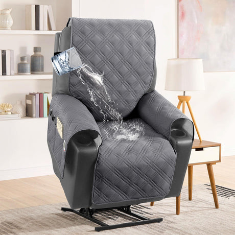 H.VERSAILTEX 100% Waterproof Recliner Chair Cover Nonslip Recliner Cover Stay in Place Electric Power Lift Recliner Slipcovers Fitted Standard Large Power Lift Recliner with Side Pocket,Grey/Beige H.VERSAILTEX