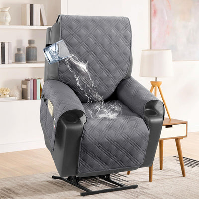 H.VERSAILTEX 100% Waterproof Recliner Chair Cover Nonslip Recliner Cover Stay in Place Electric Power Lift Recliner Slipcovers Fitted Standard Large Power Lift Recliner with Side Pocket,Grey/Beige