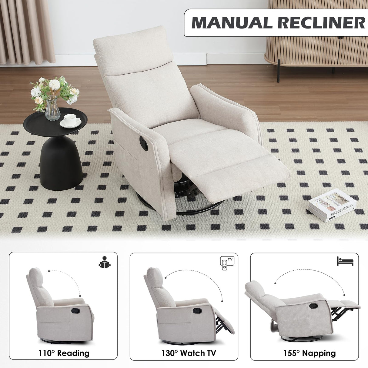 Trustyue Swivel Rocker Recliner Chair, 360° Swivel Recliner with Heat and Massage, Rocker Recliner Nursery Glider Chair with Side Pockets for Living Room (Beige, Fabric) Trustyue