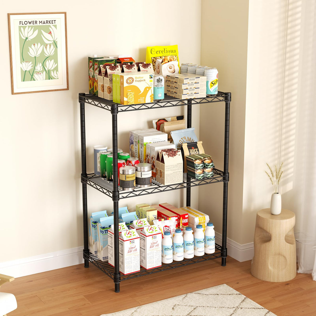 Golpart 3 Tier Adjustable Storage Shelves,Heavy Duty Metal Utility Shelf 450LBS Capacity,Wire Shelving Unit Organizer Rack for Home,Kitchen,Office,Bathroom,Pantry Room,12" D x 22" W x 22.5" H,Black Golpart