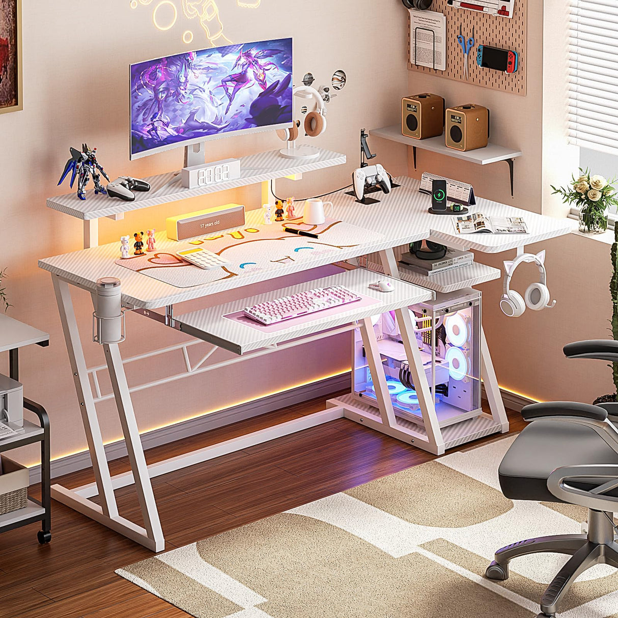 armocity L Shaped Gaming Desk with LED Lights and Outlets, White PC Gaming Desk with Monitor Stand and Shelves, Reversible Gaming Computer Desk with Keyboard Tray & Z-Shape Legs, 47" armocity