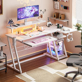 armocity L Shaped Gaming Desk with LED Lights and Outlets, White PC Gaming Desk with Monitor Stand and Shelves, Reversible Gaming Computer Desk with Keyboard Tray & Z-Shape Legs, 47" armocity
