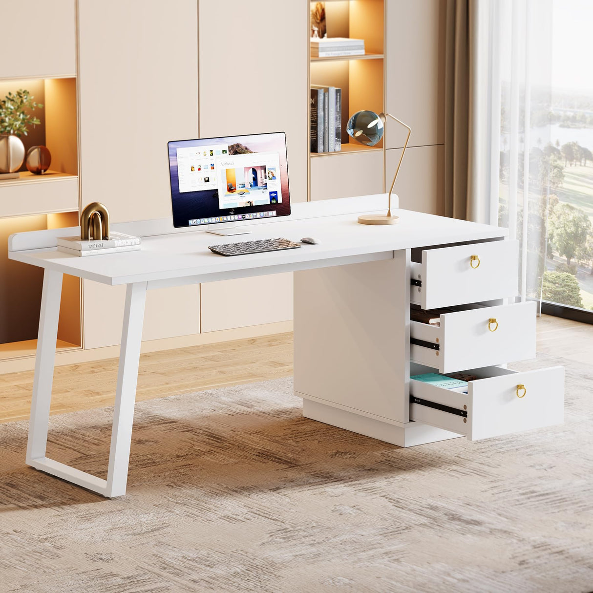 Tribesigns White Computer Desk with Drawers: 55 Inches Modern Home Office Desk with Storage, Small Wood Study Writing Work Table Workstation for Bedroom, White and Gold Tribesigns