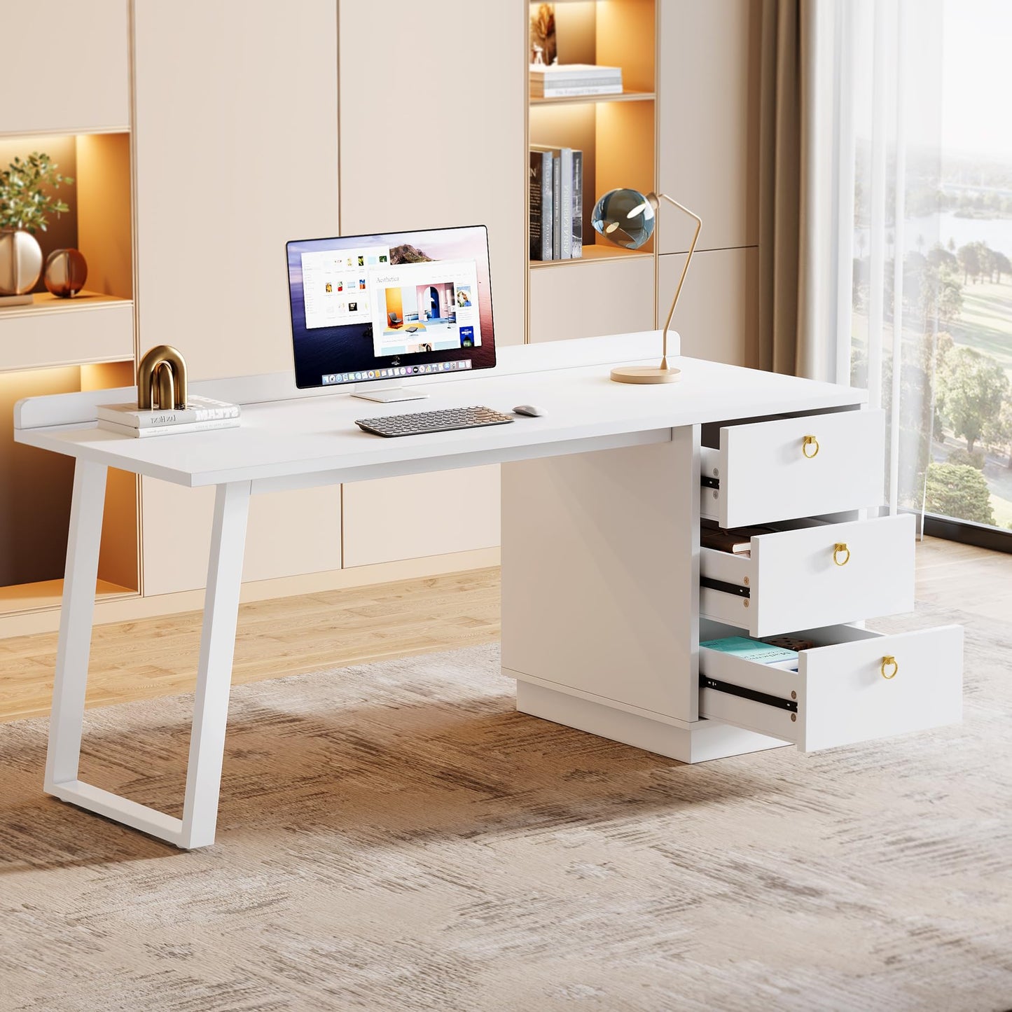 Tribesigns White Computer Desk with Drawers: 55 Inches Modern Home Office Desk with Storage, Small Wood Study Writing Work Table Workstation for Bedroom, White and Gold - WoodArtSupply