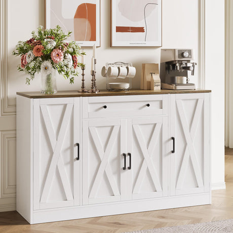Buffet Cabinet with Storage, 55" Large Sideboard Storage Cabinet with Drawer, 4 Doors and Shelves, Modern Farmhouse Coffee Bar Table Kitchen Island Credenza for Kitchen, Entryway, Dining, Living Room Vividwood