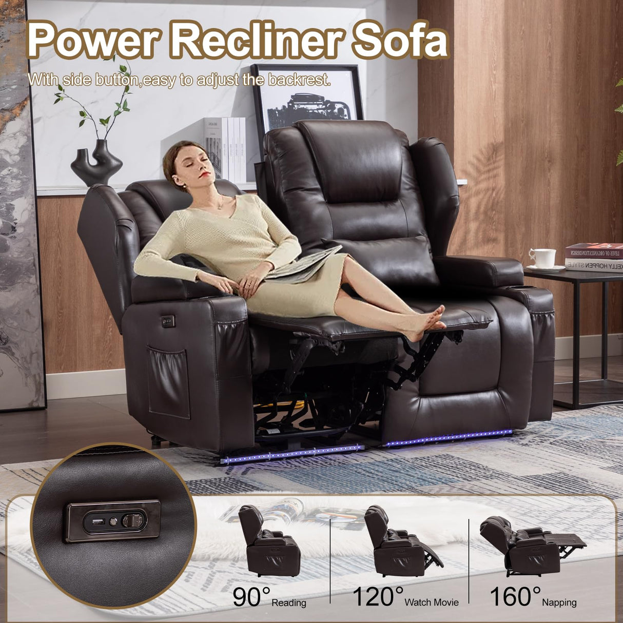 OQQOEE RV Reclining Loveseat, Power Recliner Sofa with Cup Holders & USB Ports, Theater Seating for Home Theater, Living Room, Small Spaces, Easy Assembly (Brown) OQQOEE