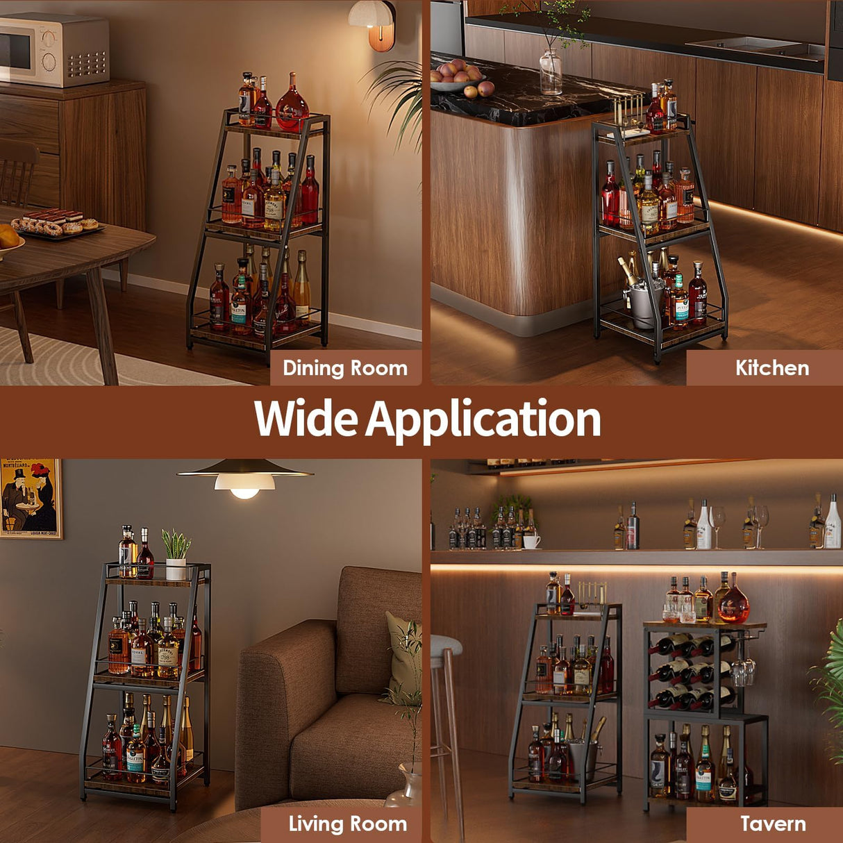 Nuovoware 3-Tier Stepped Liquor Cabinet Mini Bar, Wine Rack Freestanding Floor for Whiskey, Corner Liquor Bottle Display Shelf with Fences and Slide Drawer for Home Kitchen Dining Living Room, Black Nuovoware