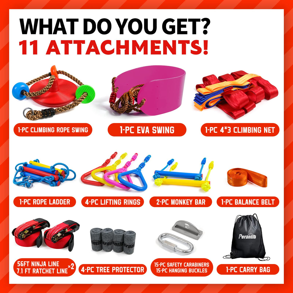 Ninja Warrior Obstacle Course for Kids-Playground Fitness Equipment Ninja Slackline with Multiple Accessories for Kids,Contain Swings,Rope ladders,Rings,Ninja Couse for Kids Outside (2x56ft) Perantlb