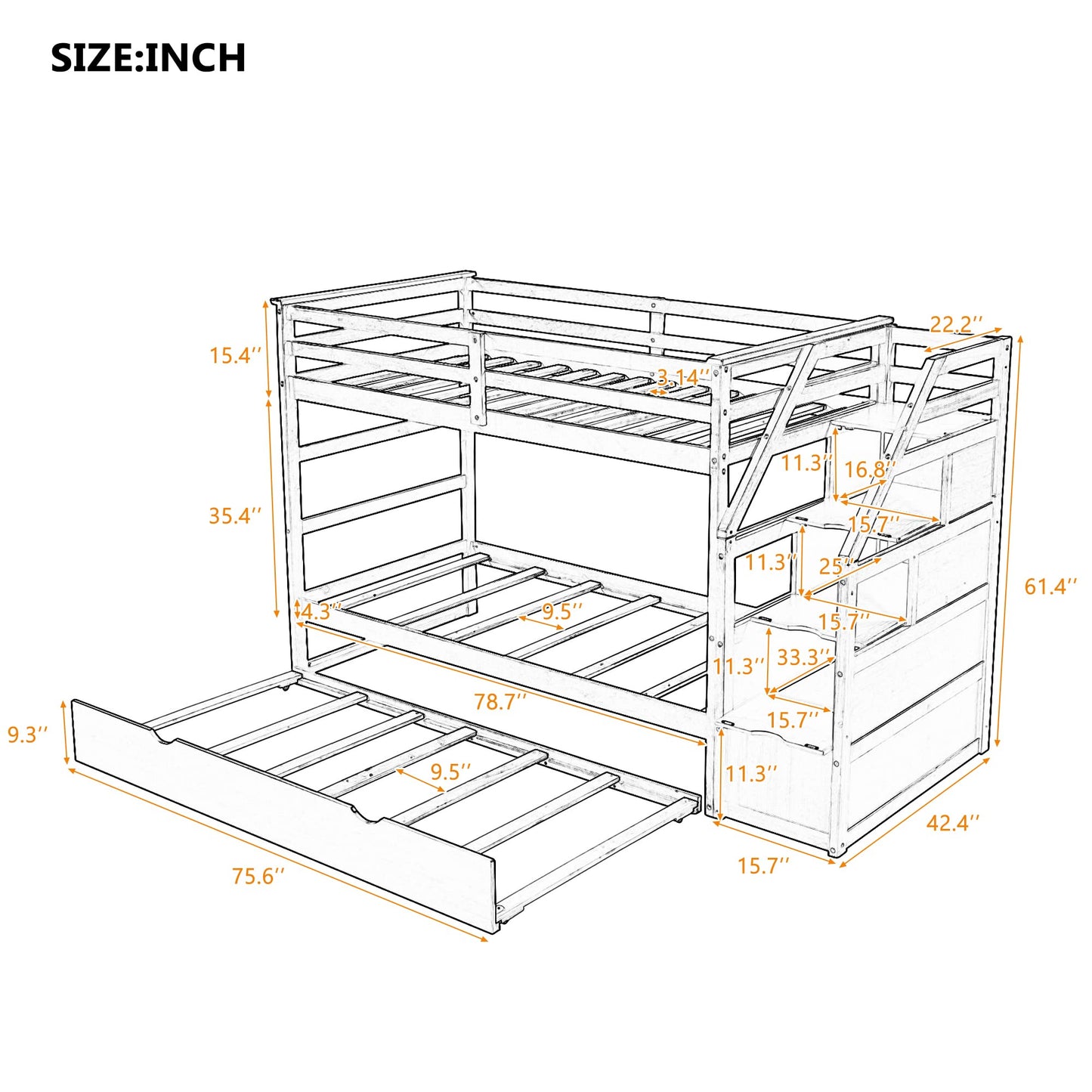 Twin-Over-Twin Bunk Bed with Trundle Bed, Wood Bunk Bed Frame with 3 Storage Stairs and Guard Rail, Space-Saving Design (Grey)