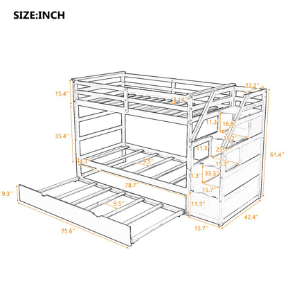 Twin-Over-Twin Bunk Bed with Trundle Bed, Wood Bunk Bed Frame with 3 Storage Stairs and Guard Rail, Space-Saving Design (Grey)