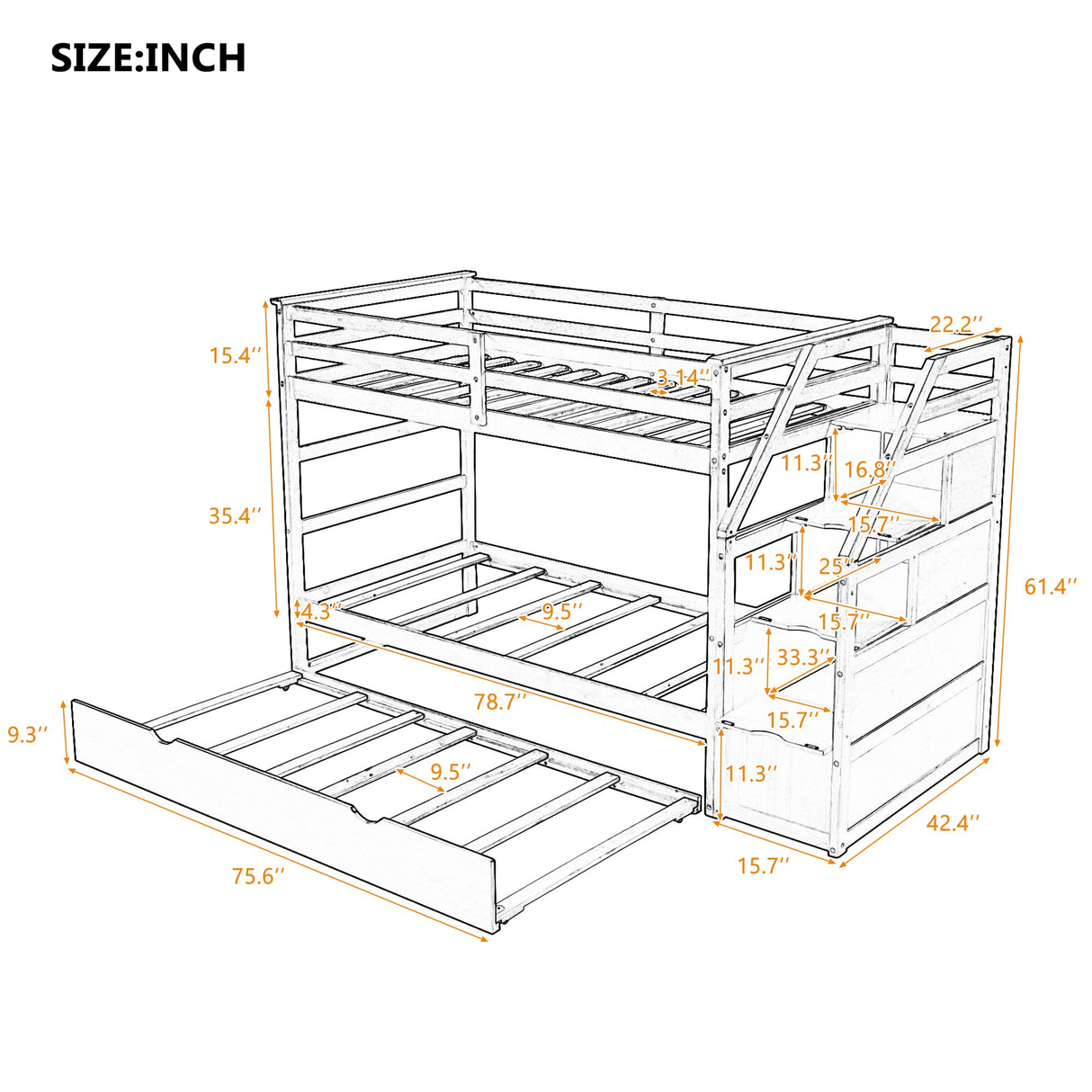 Merax Twin Over Twin Bunk Bed with Storage Stairs, Wood Bunk Bed Frames with Trundle, No Box Spring Needed, White Merax