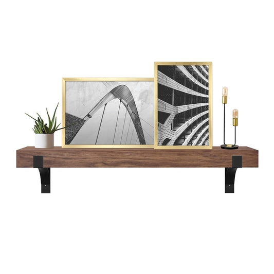 Master & Co. Modern Floating Fireplace Mantel with Black Metal Brackets, Long Floating Shelves for Wall Décor, 48 inches, Walnut Woodgrain