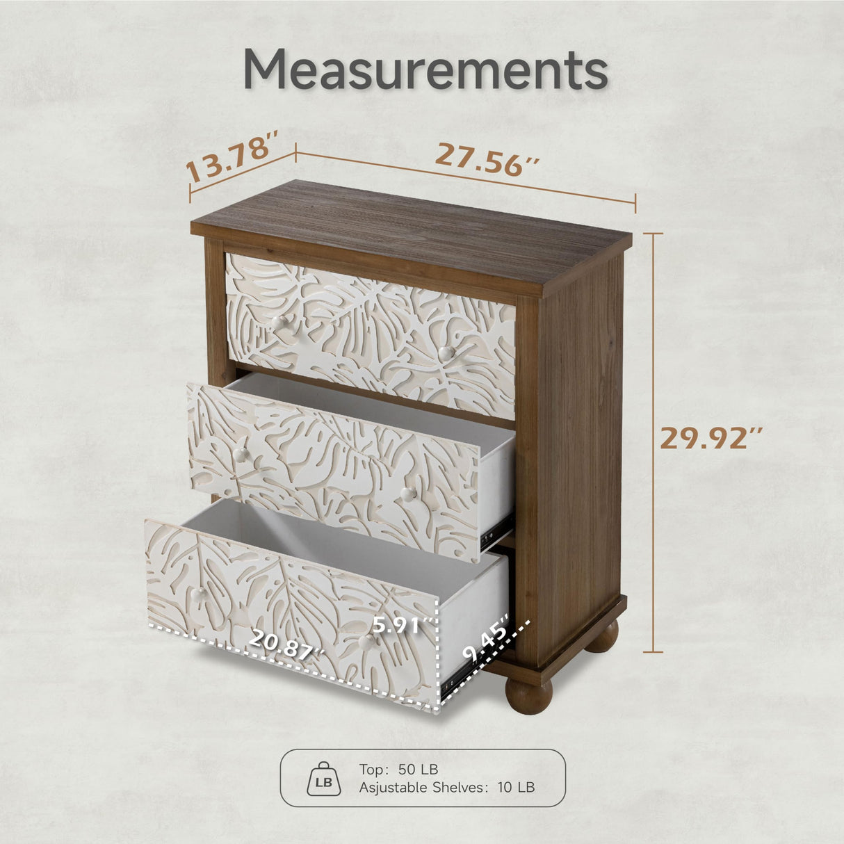 COZAYH Farmhouse 3-Drawer Dresser, French Country Chest of Drawer with Leaves Pattern Carved, Distressed Finish, White & Brown COZAYH