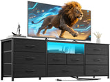 Furnulem 9 Drawer Dresser, 63” Long TV Stand for Bedroom, Entertainment Center with Power Outlet & LED Light for 65"-75" TV, Black Dresser with Fabric Storage Drawers for Closet Furnulem