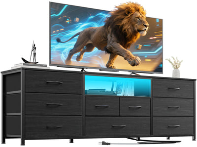 Furnulem 9 Drawer Dresser, 63” Long TV Stand for Bedroom, Entertainment Center with Power Outlet & LED Light for 65"-75" TV, Black Dresser with Fabric Storage Drawers for Closet