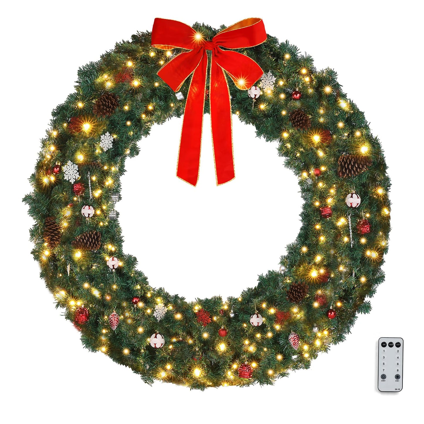 VINGLI 60 Inch Pre-lit Outdoor Christmas Wreath, Large Christmas Wreath with Lights 220 LED and 600 PVC Branches for Garage, Green Wreath w/Bow, Pine Cones, Ornaments, Remote Control, Timer (Plug-in)