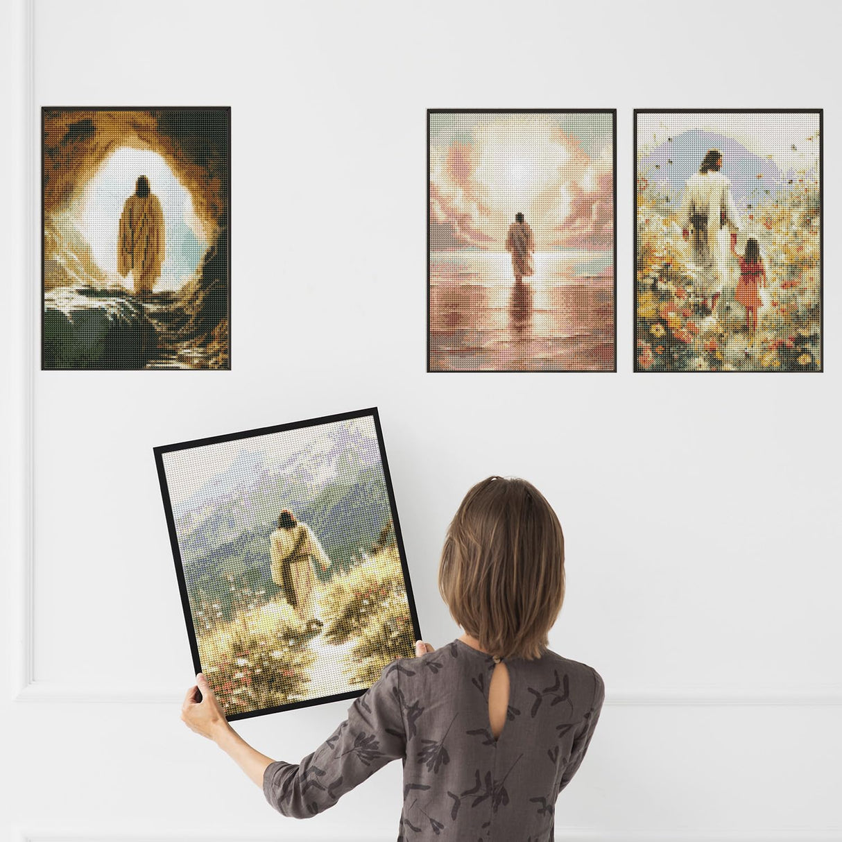 Sitsink Jesus Diamond Art Kits for Adults - Full Drill Jesus Walking on Ocean Beach Christian Diamond Painting, 5D Gem Art Canvas Set Religious Christ Holiday Gifts for Women (4 Sheets) Sitsink