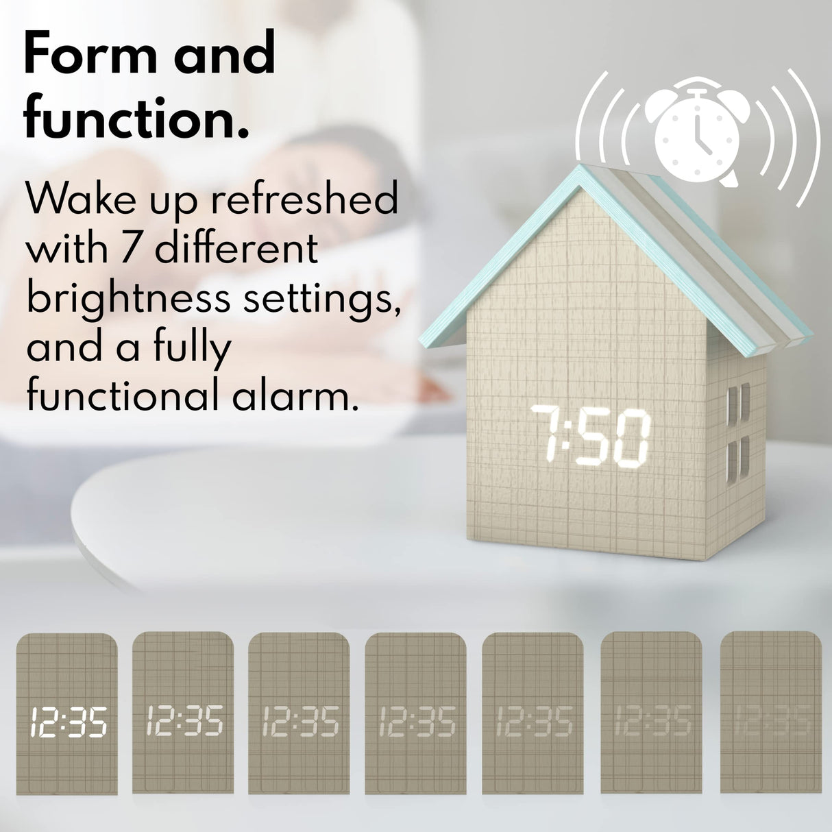 Driini Digital House Shaped Alarm Clock with Temperature Display (Stripe Wood) – Modern Aesthetic - Cute Cube Frame and White LED Dimmer - Perfect Large Desk Clock for Bedside Table or Bedroom Mantle Driini