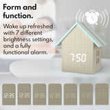 Driini Digital House Shaped Alarm Clock with Temperature Display (Stripe Wood) – Modern Aesthetic - Cute Cube Frame and White LED Dimmer - Perfect Large Desk Clock for Bedside Table or Bedroom Mantle Driini