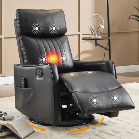 Manual Swivel Rocker Recliner Chair for Adults, Overstuffed Recliner Glider with Massage and Heat, Living Room Reclining Chair, PU Leather Black Luxlen