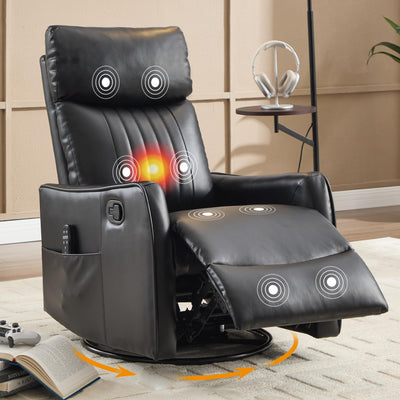 Manual Swivel Rocker Recliner Chair for Adults, Overstuffed Recliner Glider with Massage and Heat, Living Room Reclining Chair, PU Leather Black